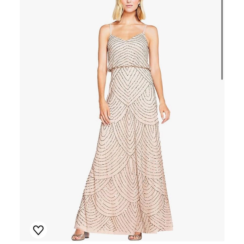 Adrianna Papell scalloped sequin nude maxi dress 2